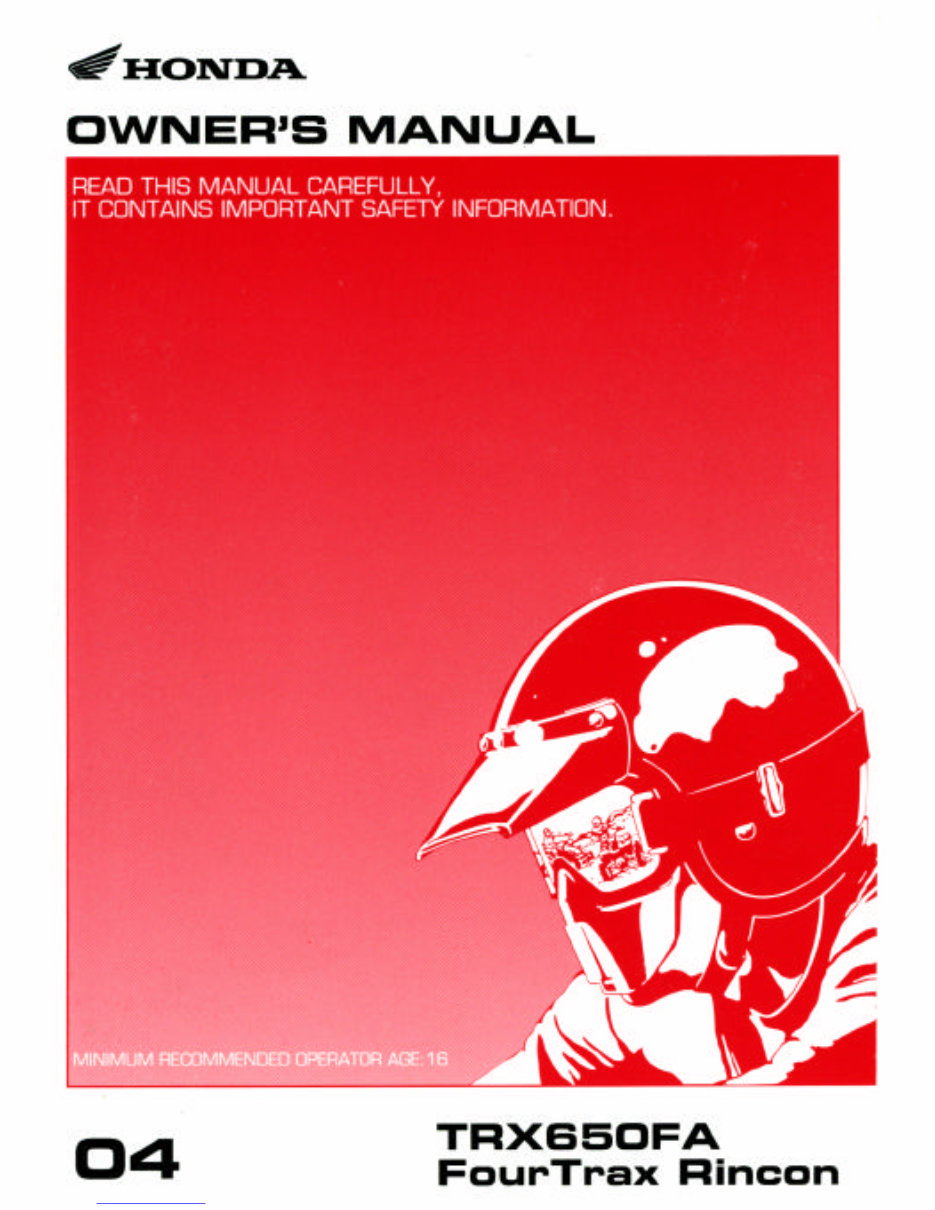 2004 Honda ATV TRX650 Fourtrax Rincon Owners Manual preview img 1