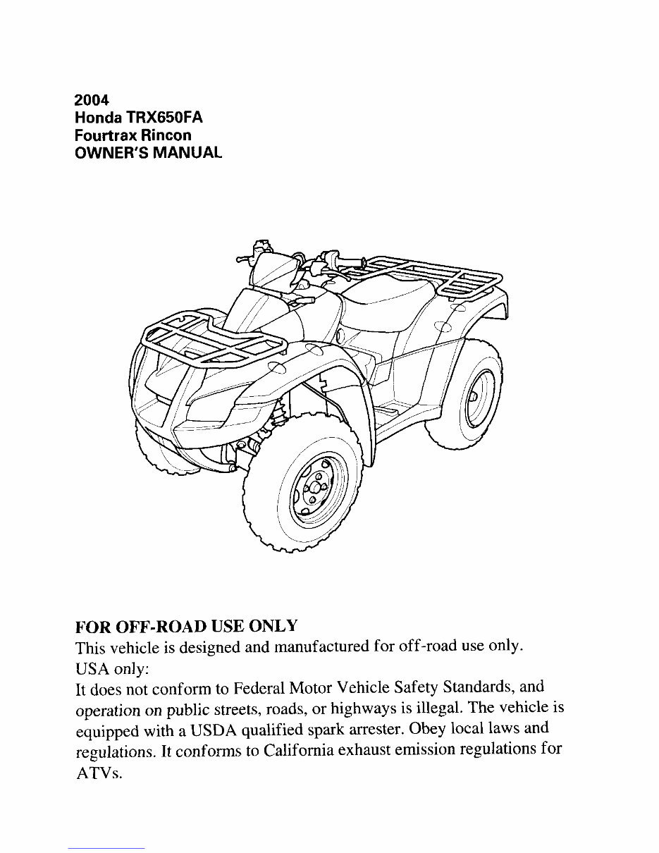 2004 Honda ATV TRX650 Fourtrax Rincon Owners Manual preview img 3