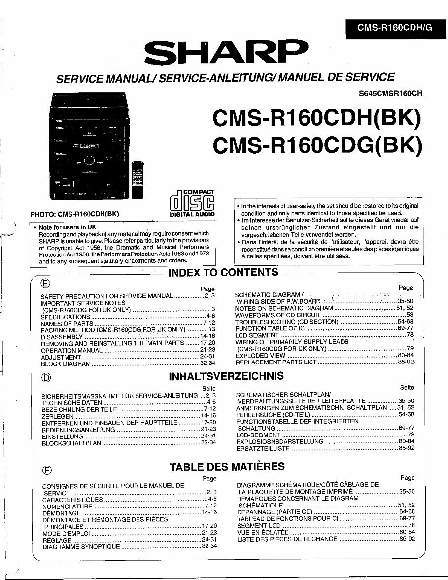 Sharp CMS R160CDG (BK) AUDIO CD PLAYER Repair Manual preview img 1