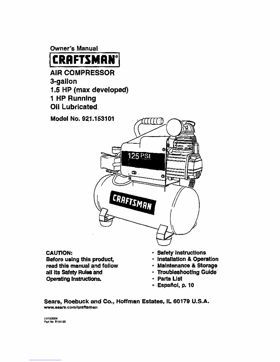Craftsman 1HP 3-Gallon Oil Lubricated Air Compressor (Model 921.15310) Owners Manual preview img 1