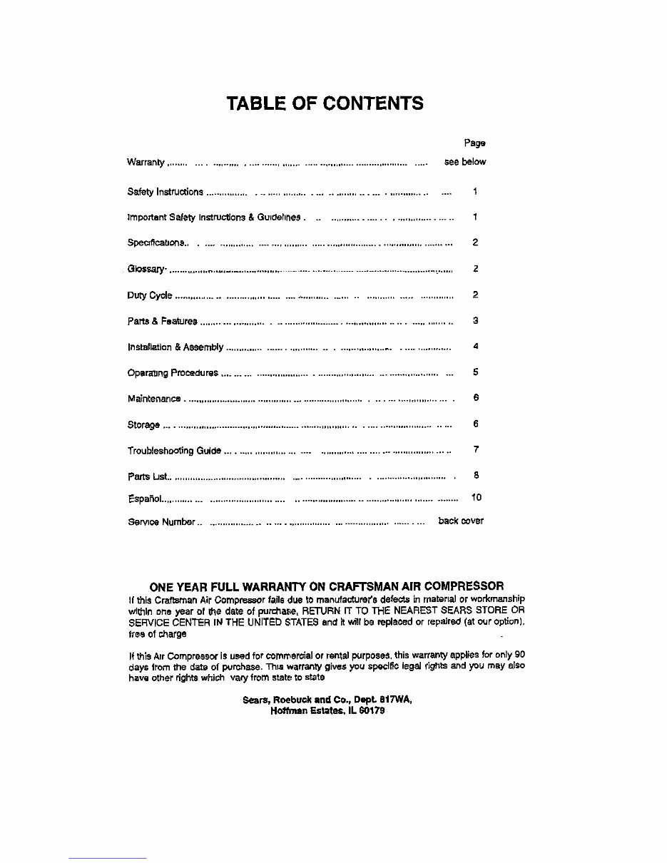 Craftsman 1HP 3-Gallon Oil Lubricated Air Compressor (Model 921.15310) Owners Manual preview img 2