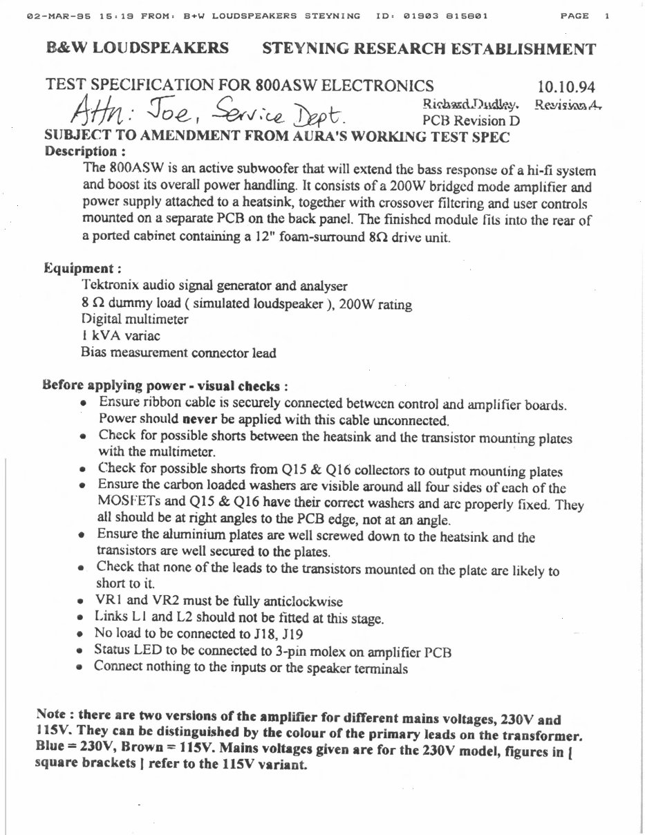 B&W ASW-800 Subwoofer Bowers & Wilkins , Service Manual preview img 10