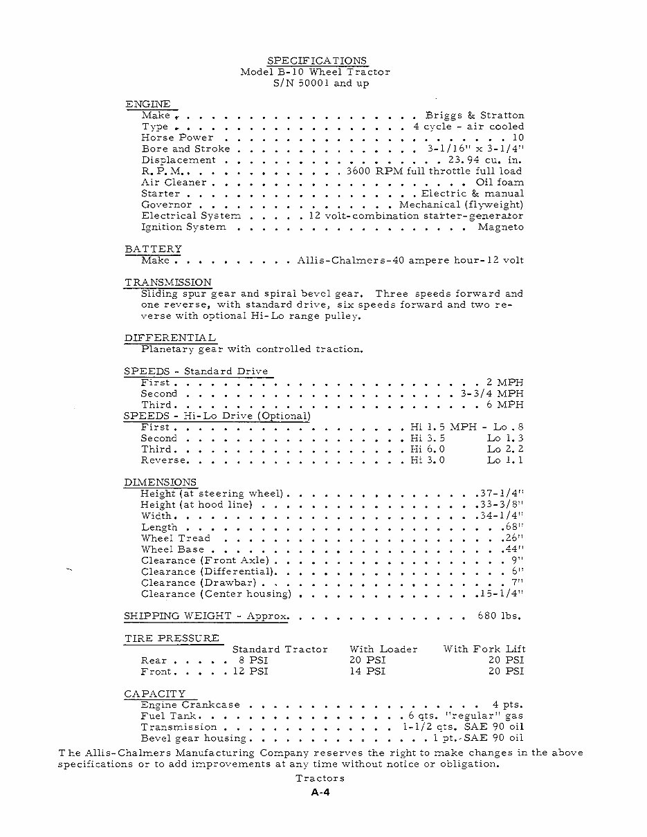 Allis CHALMERS B110 B-110 AC Tractor & Attachments Service Repair Manual - preview img 10