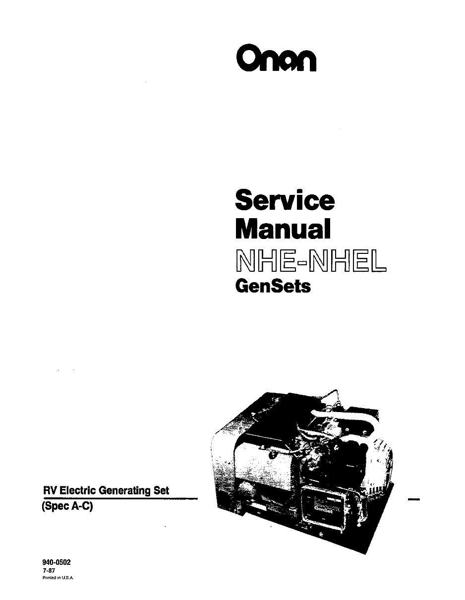 Onan NHE, NHEL Series Service Manual Cummins Onan Generator Repair Book 940-0502 preview img 1