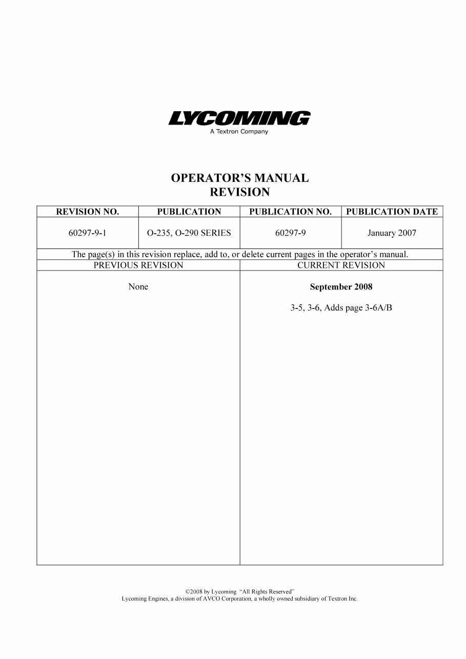 LYCOMING O-235 O-290 Engine OPERATOR'S Owner Manual Manuals - * preview img 3