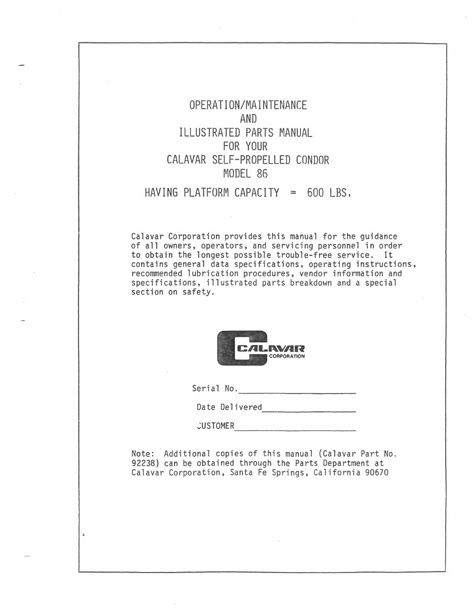 Calavar self-propelled condor models 86 Operation/maintenance and illustrated parts manual ! (Part No.92238) preview img 1