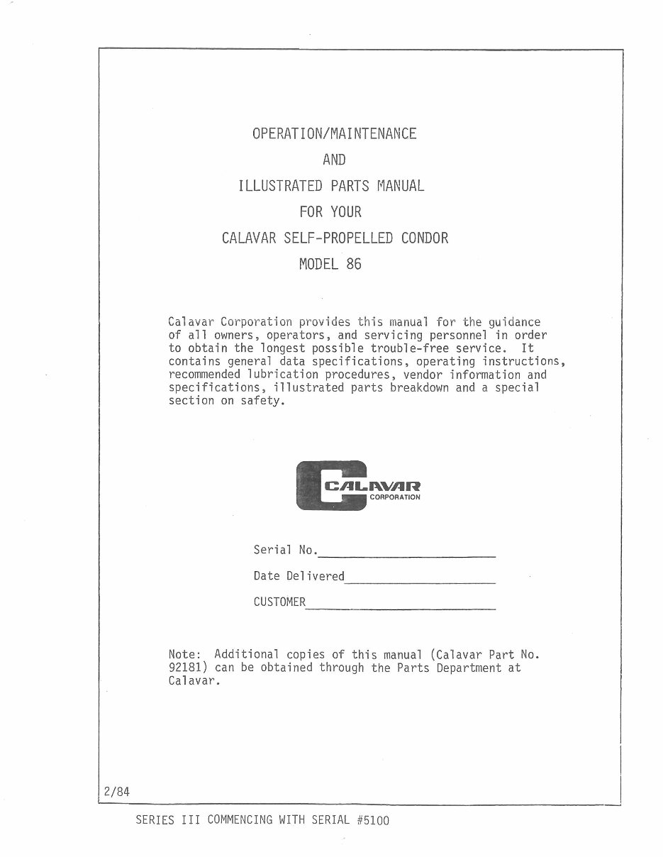 Calavar self-propelled condor models 86 Operation/maintenance and illustrated parts manual ! (Part No.92238) preview img 2