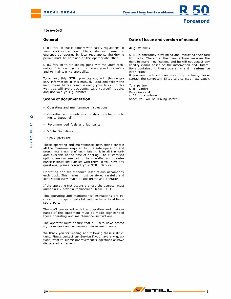 Still Electric Lift Truck Type R50-10, R50-12, R50-15: R5041, R5042, R5043, R5044 Operating and Maintenance Instructions preview img 3