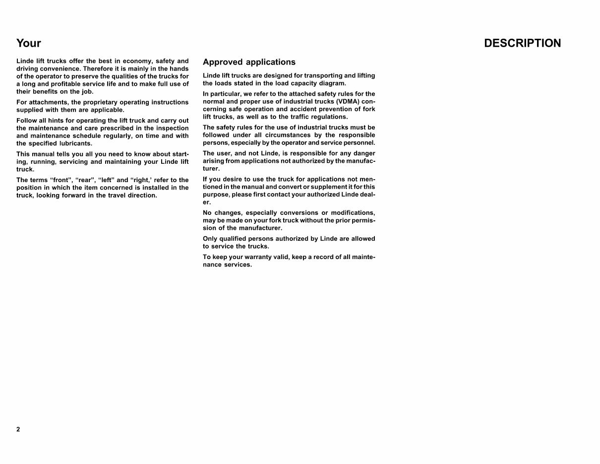 Linde Diesel Forklift Truck 352-03 Series: H35, H40, H45 Operating Manual (User Manual) preview img 2