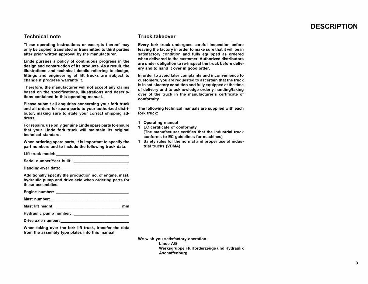 Linde Diesel Forklift Truck 352-03 Series: H35, H40, H45 Operating Manual (User Manual) preview img 3