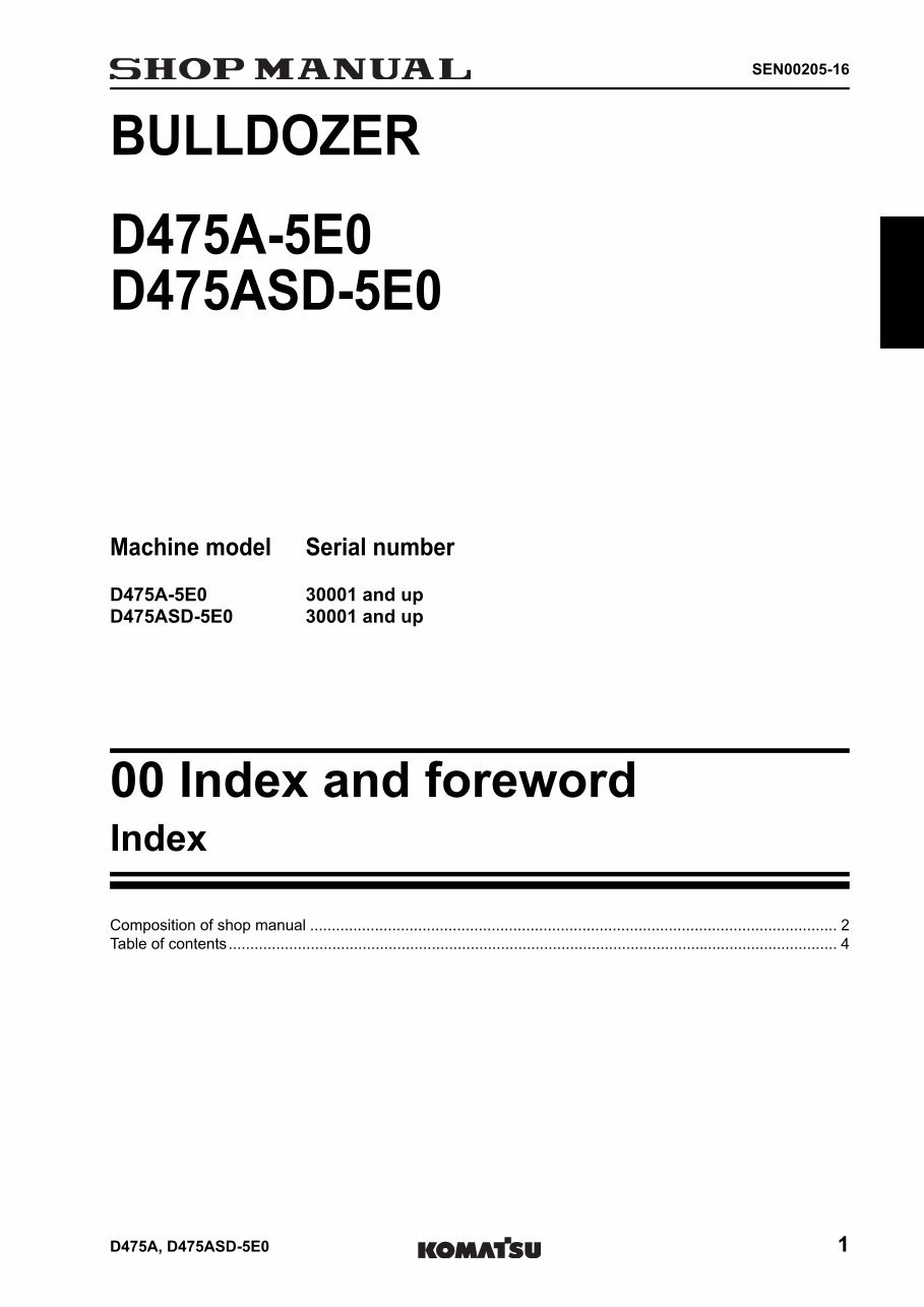 KOMATSU D475A-5E0, D475ASD-5E0 BULLDOZER Service Repair Manual + Field ASSEMBLY Instruction + Operation & Maintenance Manual DOW preview img 3