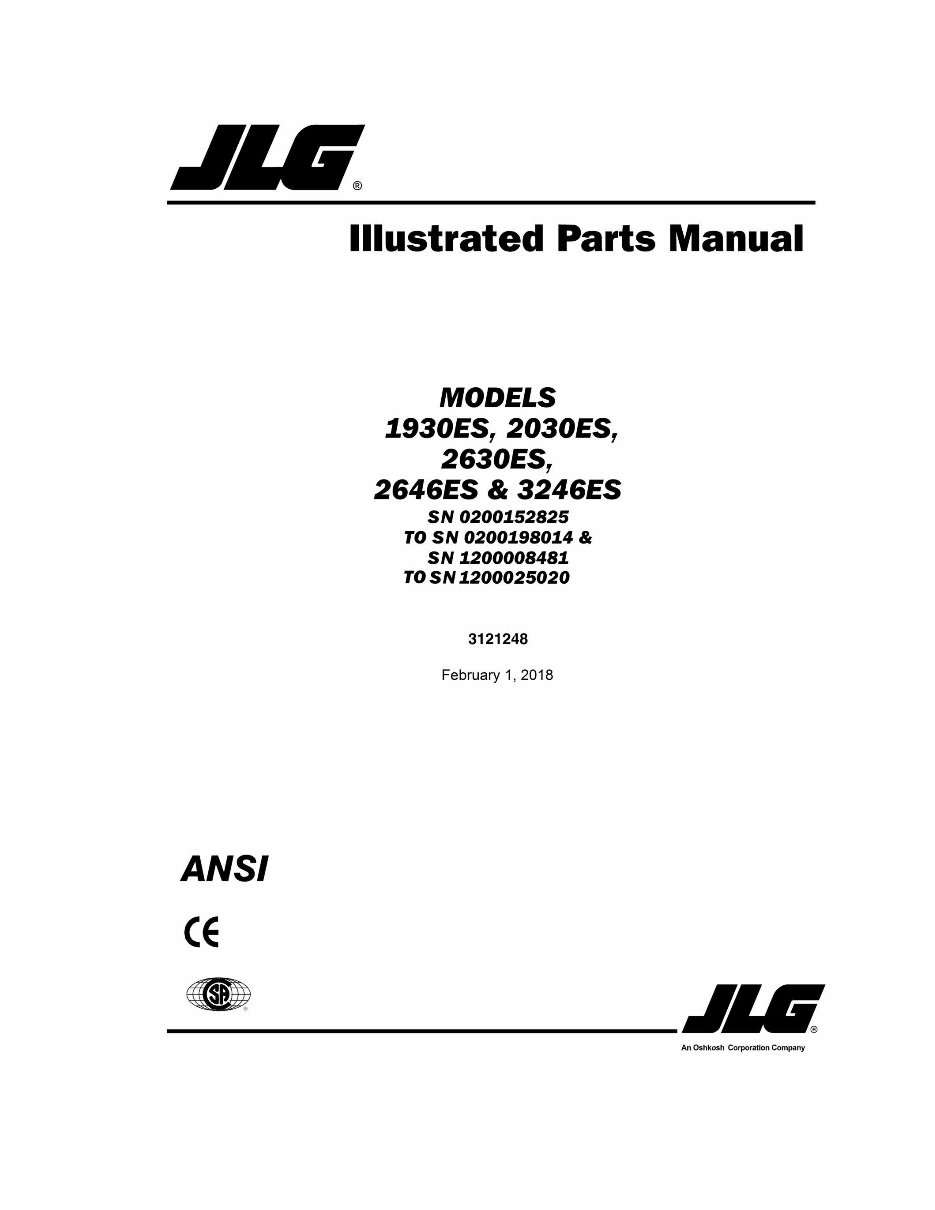 JLG Scissor Lifts 1930ES, 2030ES,2630ES, 2646ES&3246ES Global Illustrated Master Parts List Manual ! (P/N 312124 preview img 1
