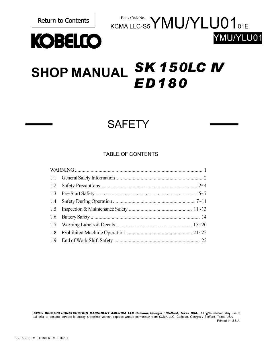 Kobelco ED180, SK150, SK150LC Service Manual preview img 9