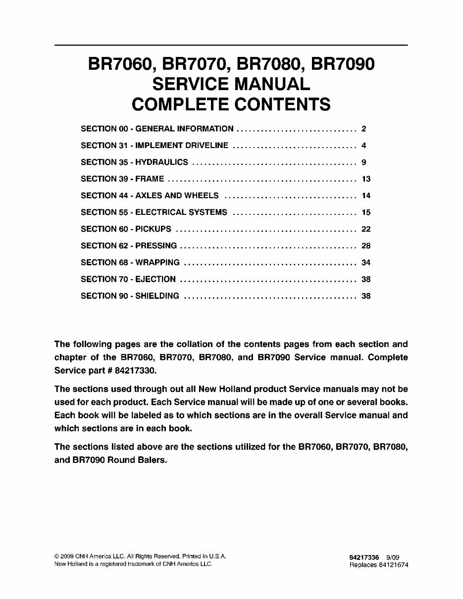 New Holland BR7060, BR7070 Service Manual preview img 1