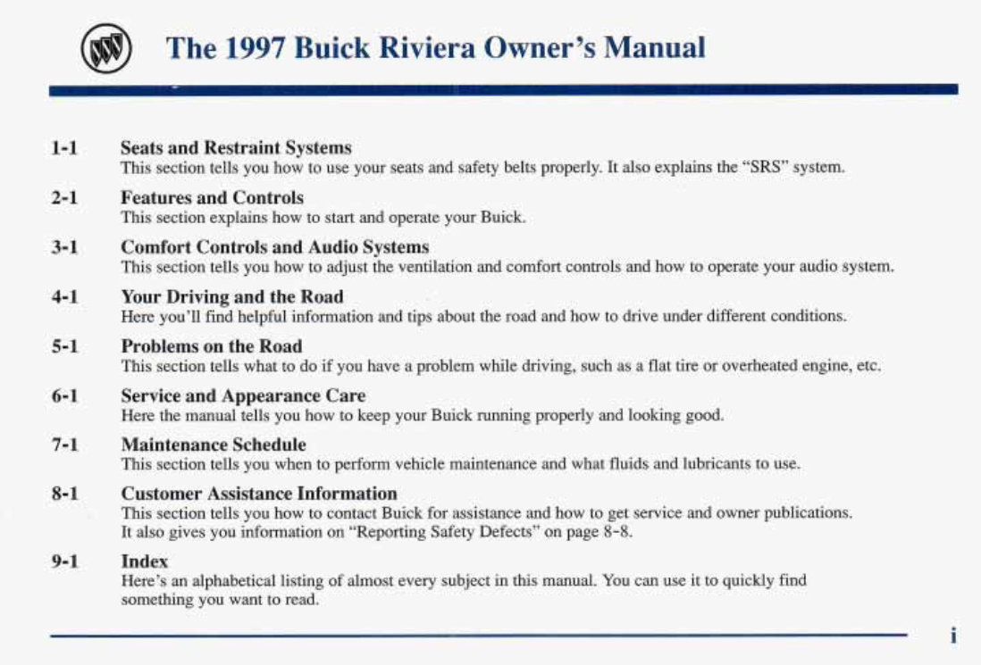 1997 BUICK Riviera Owners Manual preview img 2