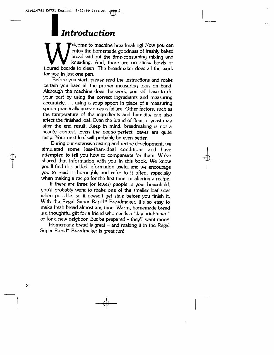 Regal Breadmaker Parts Model K6731 Instruction Manual Recipes K 6731 preview img 2