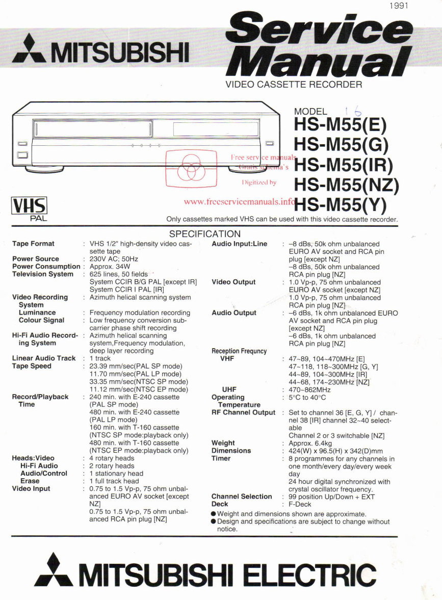 MITSUBISHI HS-M55 B VIDEO CASSETTE RECORDER Repair Manual preview img 1