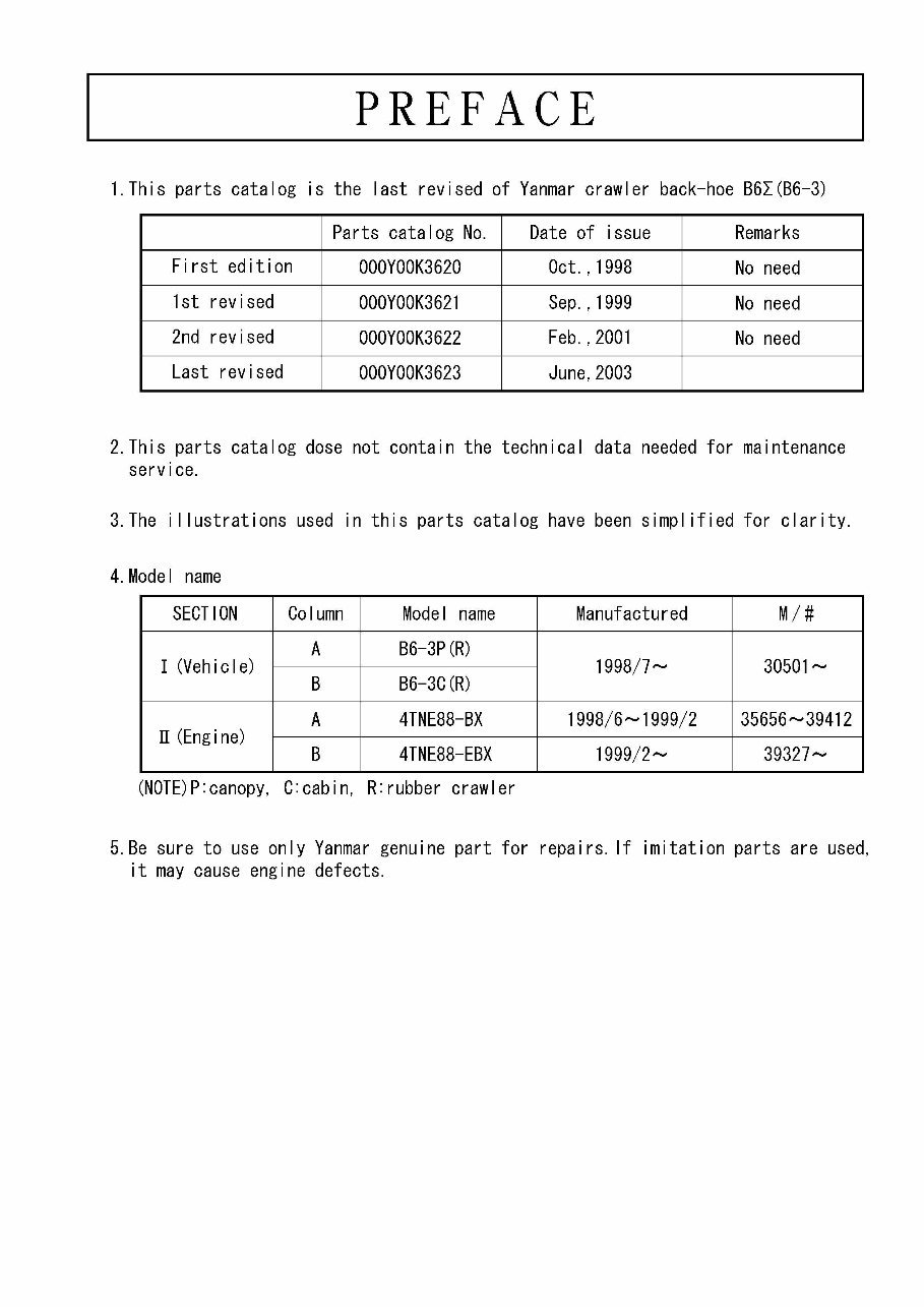 Yanmar B6-3P(R) B6-3C(R) Crawler Backhoe Parts Catalog Manual preview img 1