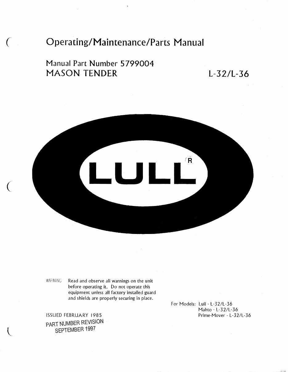 JLG LULL Operating Maintenance Parts Manual - Loader buggy forklift Mason tender Skid preview img 1