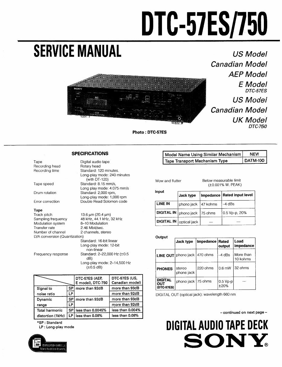 Sony DTC-57-ES DAT , Original Service Manual preview img 1