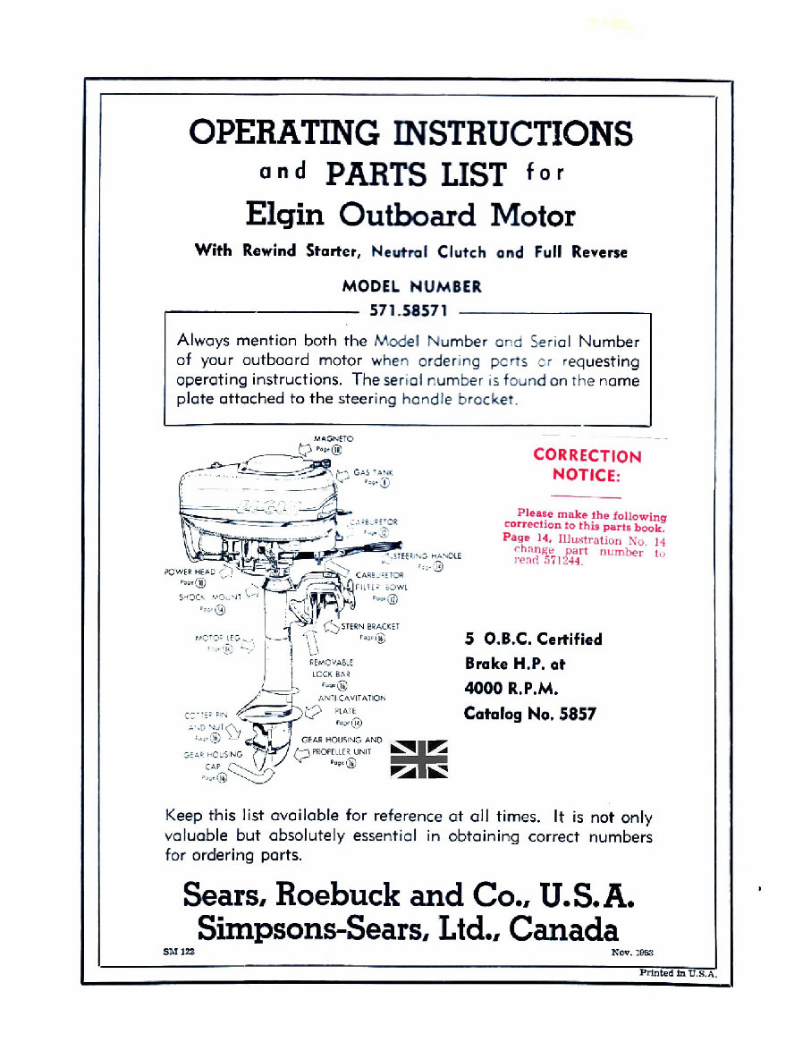 Elgin 3.5Hp Vintage Outboard engine parts manual preview img 1