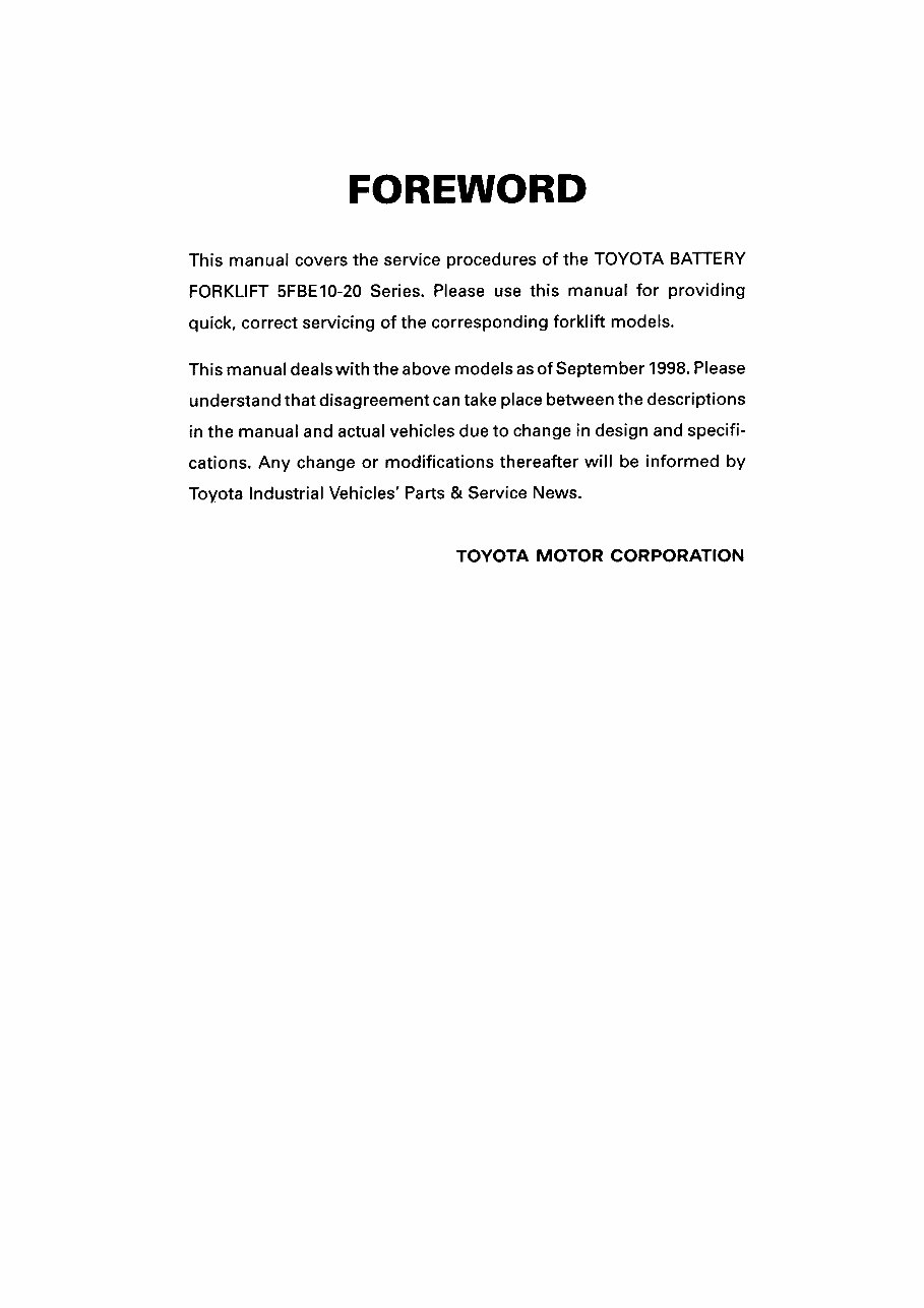 Toyota Electric Forklift Truck 5FB-Series: 5FBE10, 5FBE13, 5FBE15, 5FBE18, 5FBE20 Workshop Service Manual preview img 2