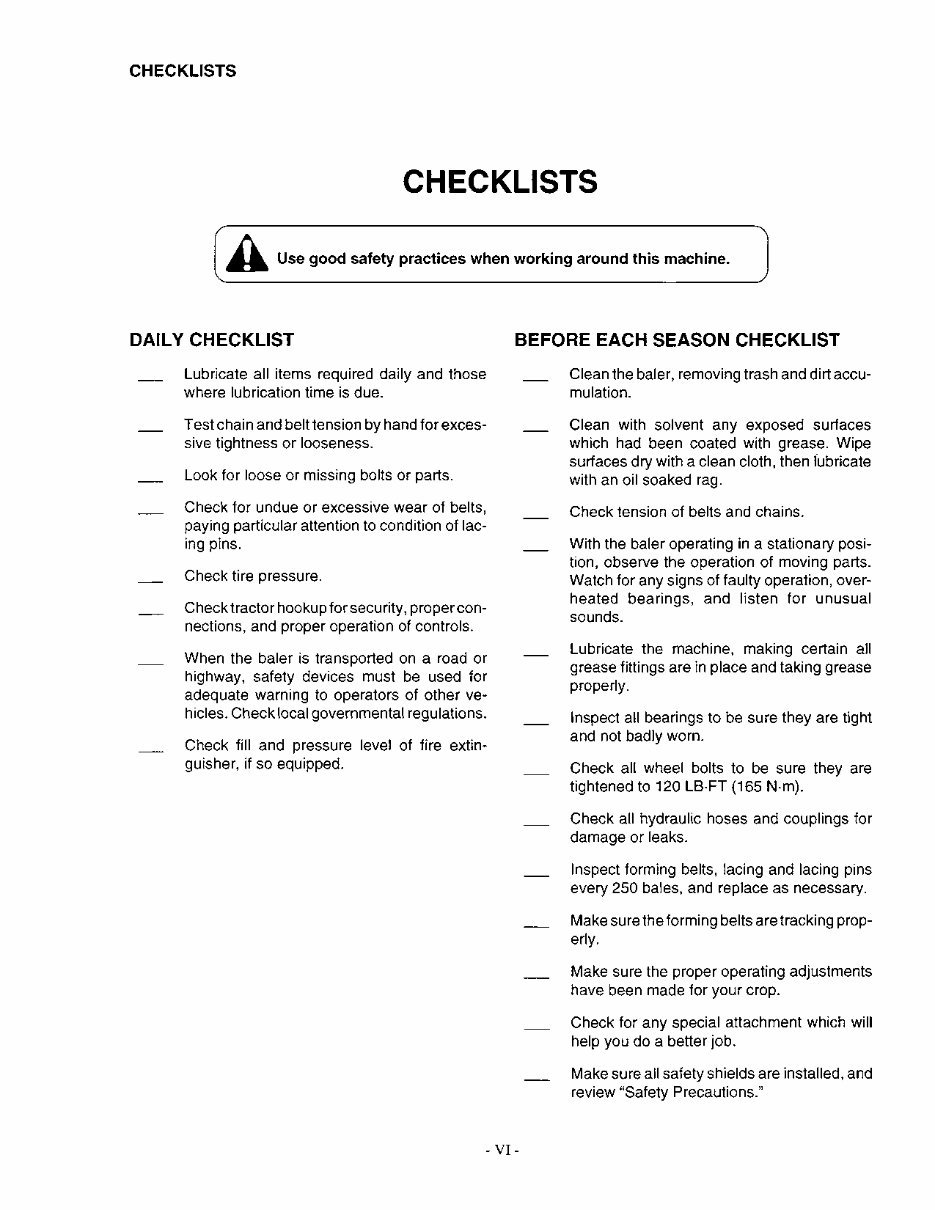 Baler Checklist.pdf CASE IH 8420 ROUND BALER Operators Manual | eManualOnline