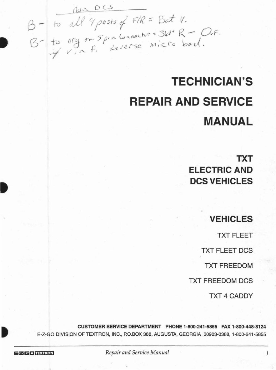 1996-1998 E-Z-GO TXT Electric and DCS Golf Cart Service & Repair Manual preview img 1
