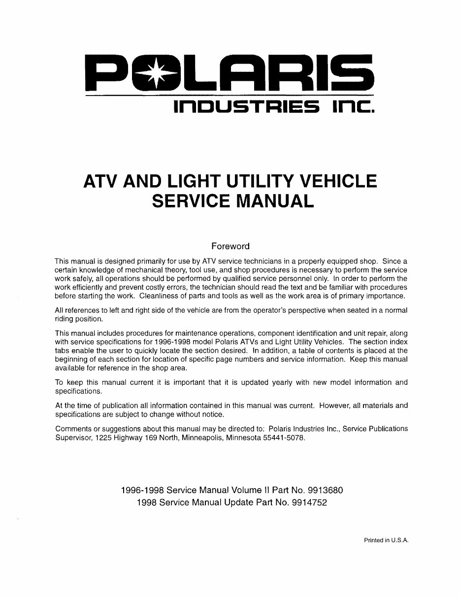 1996-1998 Polaris Xplorer 400 Service & Repair Manual preview img 1