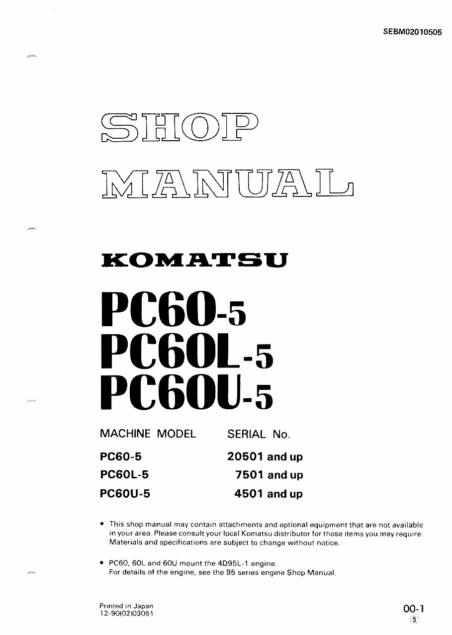 Komatsu PC60-5, PC60L-5, PC60U-5 Hydraulic Excavator Complete Workshop Service Repair Manual preview img 1