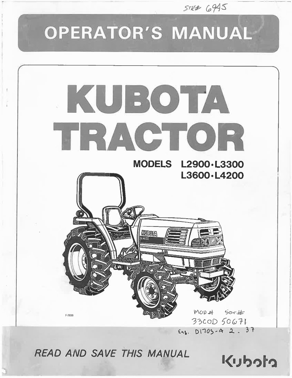 KUBOTA L2900 L3300 L3600 L4200 Tractor OPERATOR Manual preview img 1