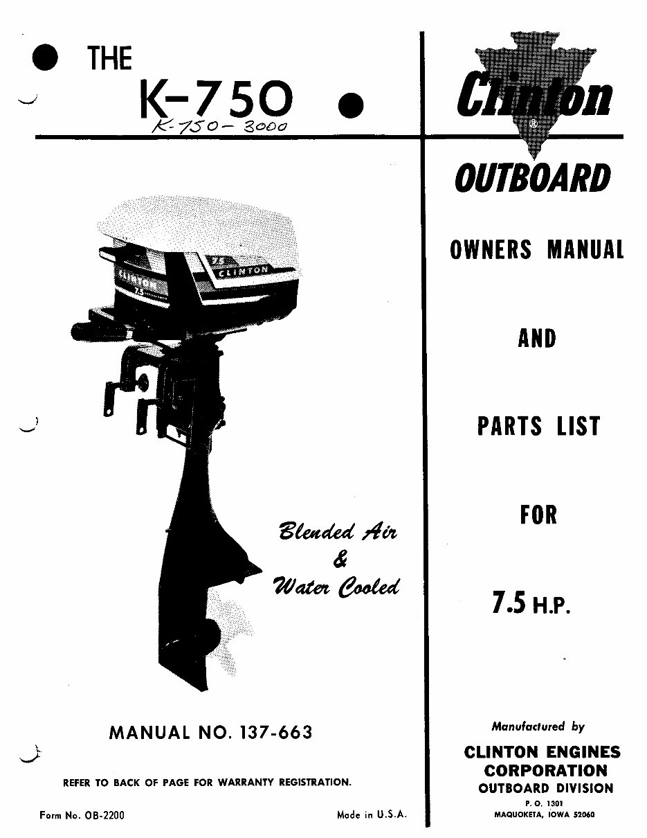 Clinton 7.5HP Outboard (K-750) Owners Manual (+ Parts Catalog) preview img 1