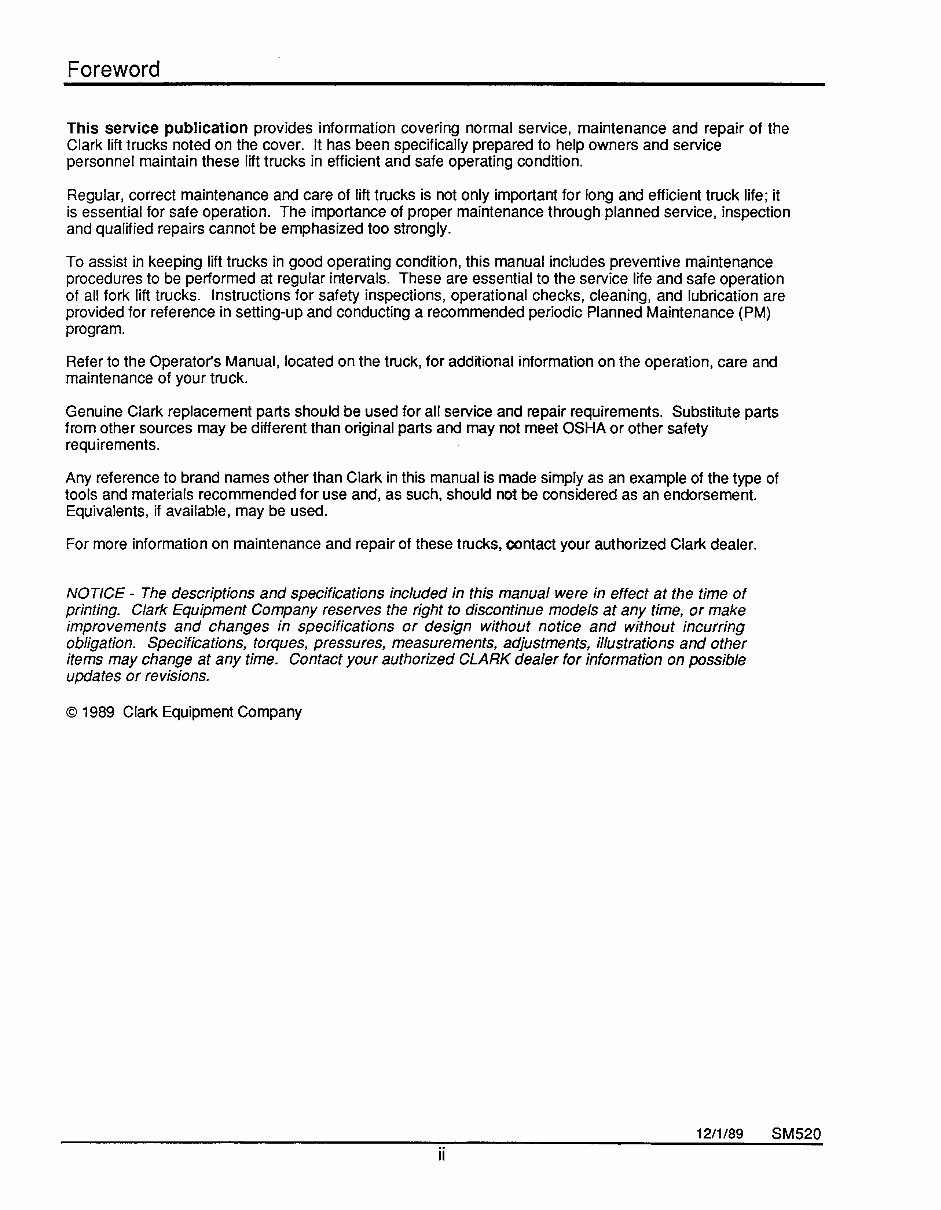 Clark SM-520R GCS/GCS LPG Forklift Trucks OEM Service & Repair Manual preview img 2