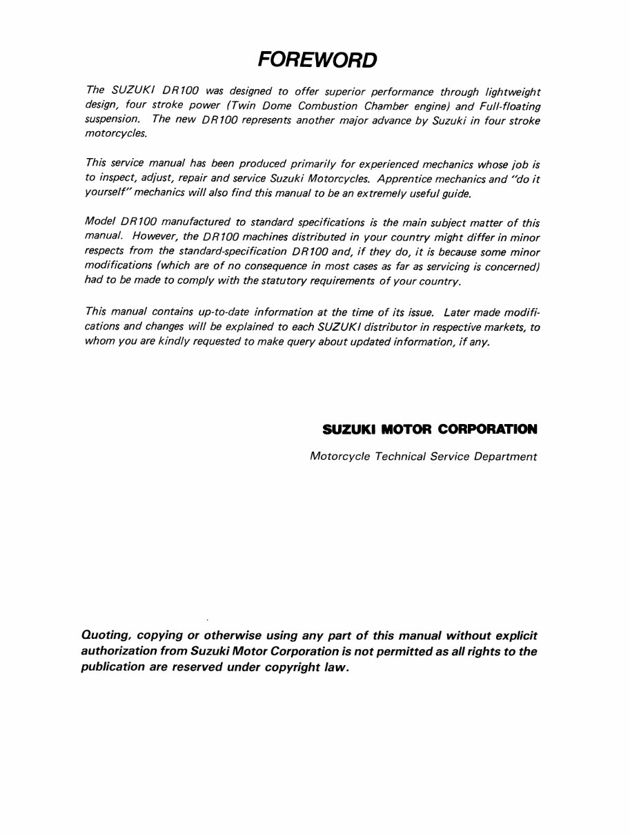 1983 1984 1985 1986 1987 1988 1989 1990 Suzuki DR100 1983 SP100 models Factory Service manual preview img 3
