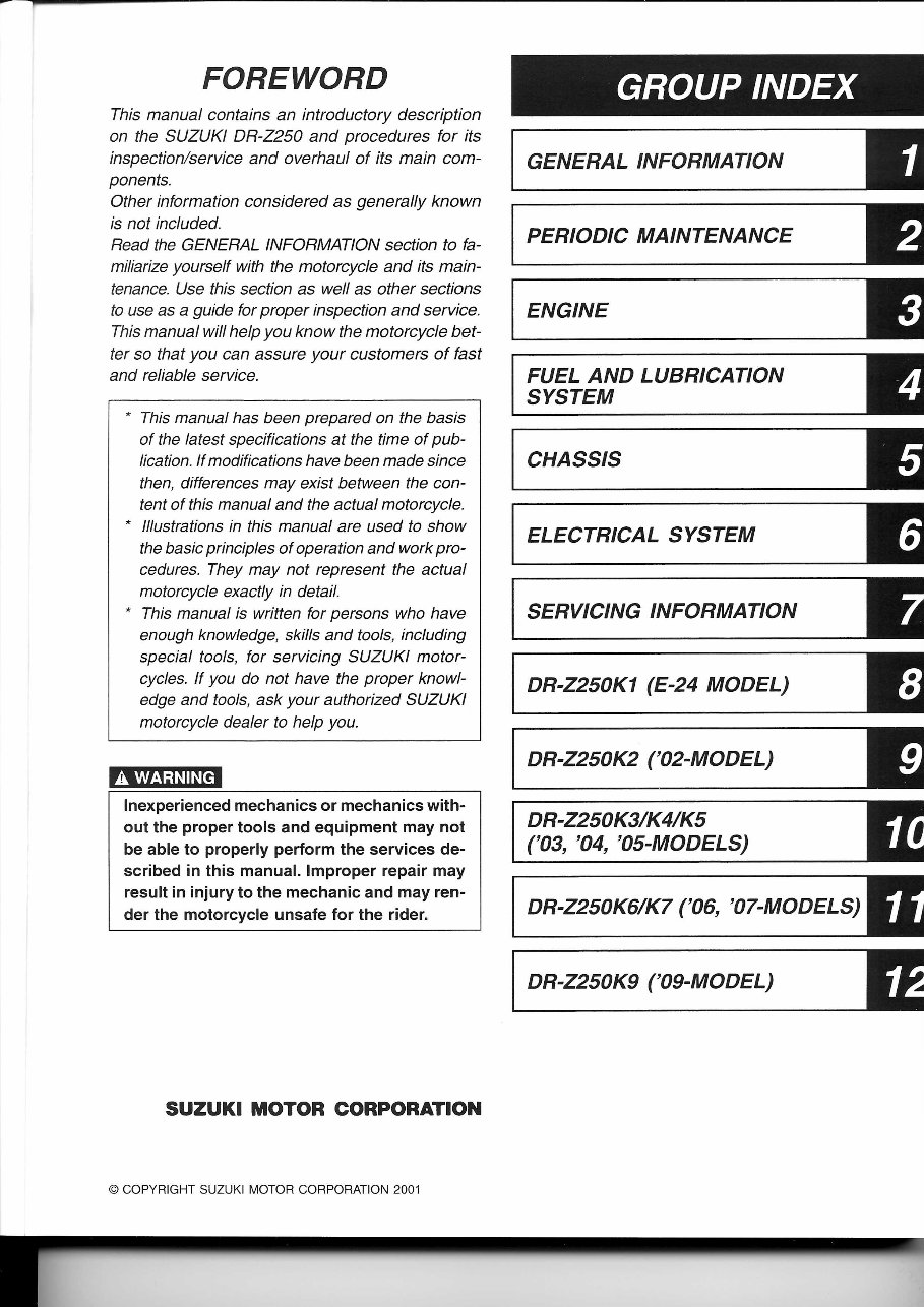 2001-2009 Suzuki DR-Z250 DRZ250 Service & Repair Manual preview img 1
