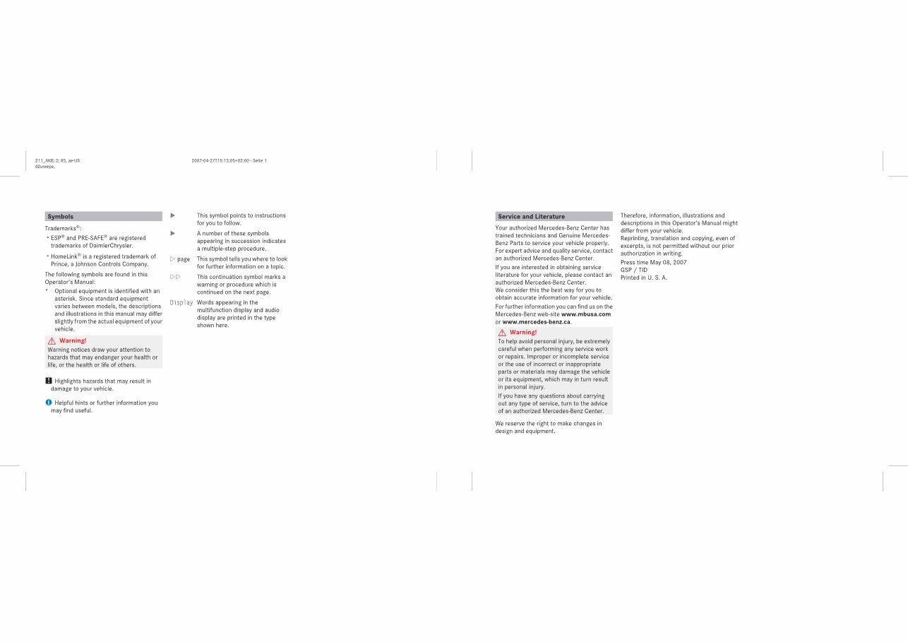 2008 Mercedes-Benz E-Class E350 Owners Manual preview img 2