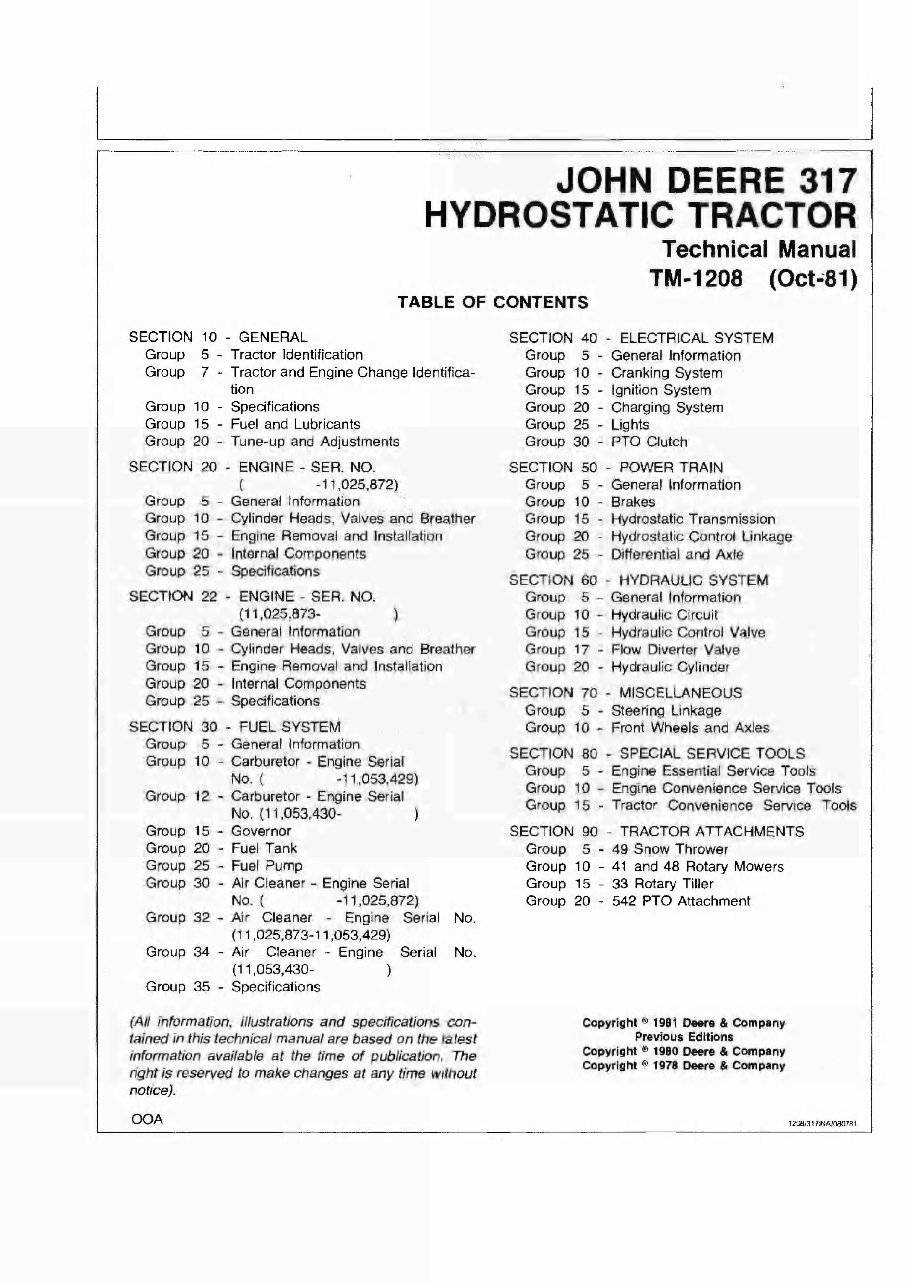 John Deere Hydrostatic Tractor Type 317 Technical Service Manual preview img 5