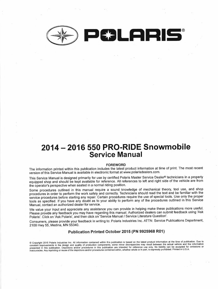 2014-2016 Polaris Snowmobile Indy 550 Pro-Ride Service & Repair Manual preview img 3