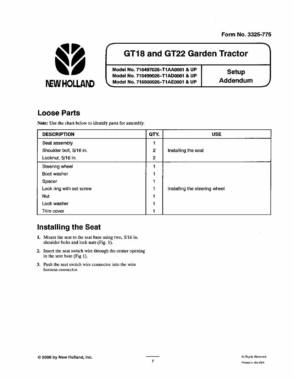 NEW HOLLand GT22 GARDEN Tractor Operators Manual preview img 3