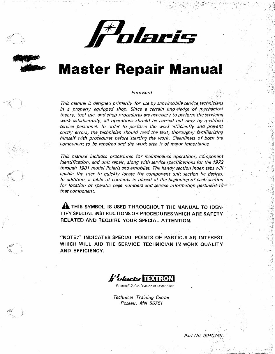 1980 POLARIS APOLLO 340 Factory Service & Work Shop Manual preview img 1
