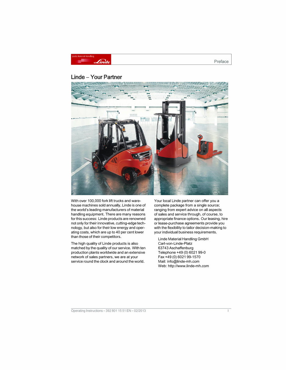 Linde LPG Forklift Truck 392-02 Series: H20T, H25T, H20CNG, H25CNG Operating Instructions (User manual) preview img 2