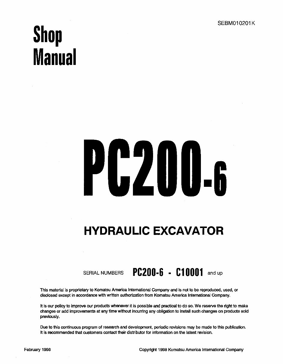 KOMATSU PC200-6 Hydraulic Excavator Service Shop Repair Manual (S/N: C10001 and up) preview img 1