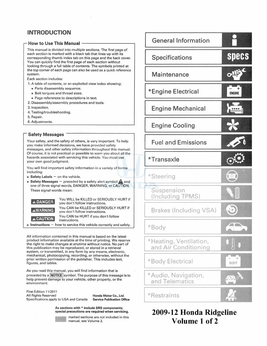 2009 Honda Ridgeline Service & Repair Manual preview img 1