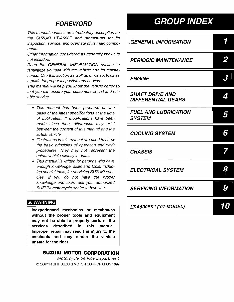 2000-2001 Suzuki LT-A500F ATV OEM Service & Repair Manual preview img 2