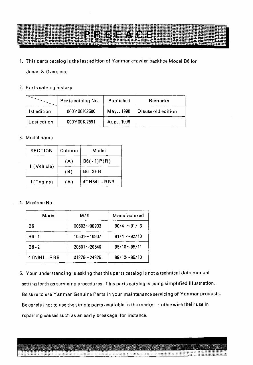 Yanmar B6-P B6-PR B6-2PR Crawler Backhoe Parts Catalog Manual preview img 1