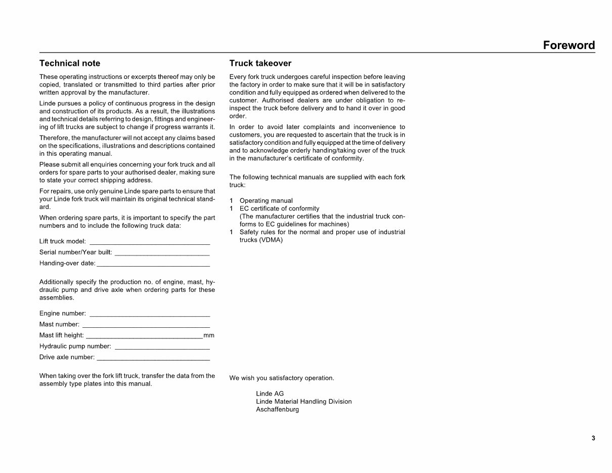 Linde Diesel Forklift Truck 352-04 Series: H30, H35, H40, H45 Operating Manual (User Manual) preview img 4