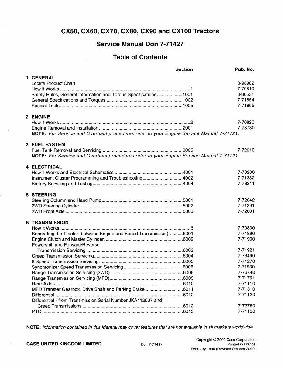 Case IH CX, CX100, CX50, CX60, CX70, CX80, CX90 Service Manual preview img 1