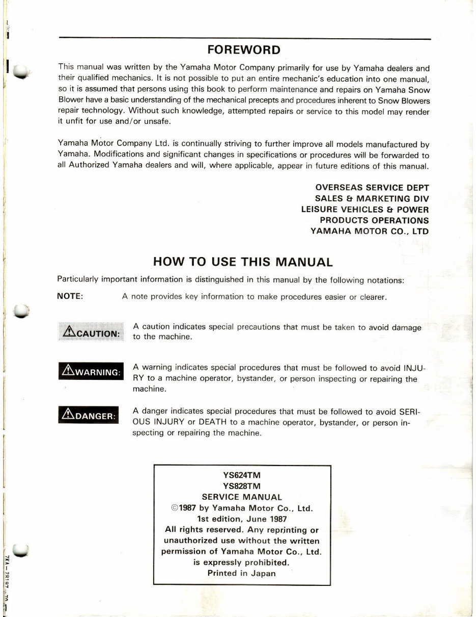 1987-1995 Yamaha YS828TM, YS624TM Snow Blower Service & Repair Manual preview img 2