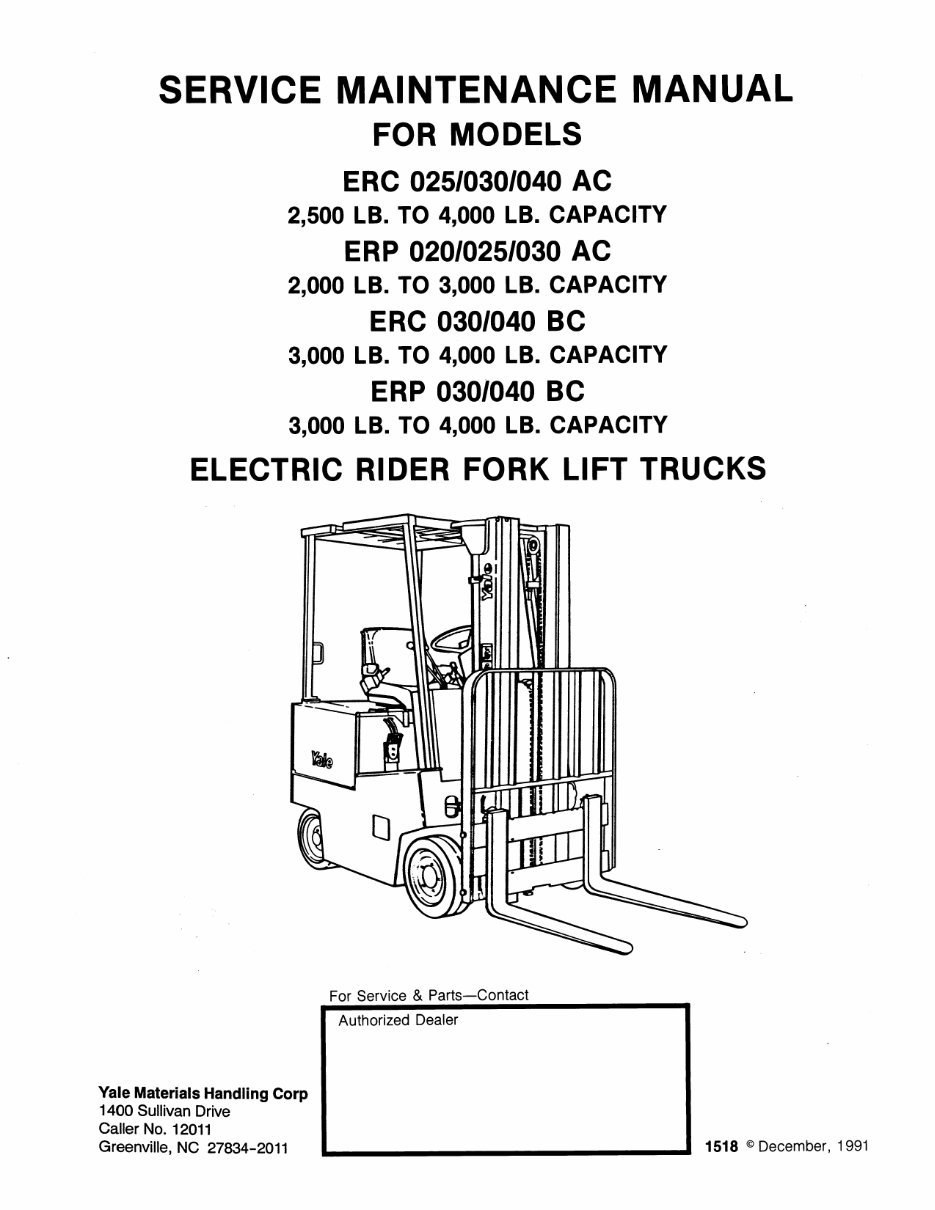 Yale ERC 030 AC Electric Forklift Factory Service & Work Shop Manual preview img 1