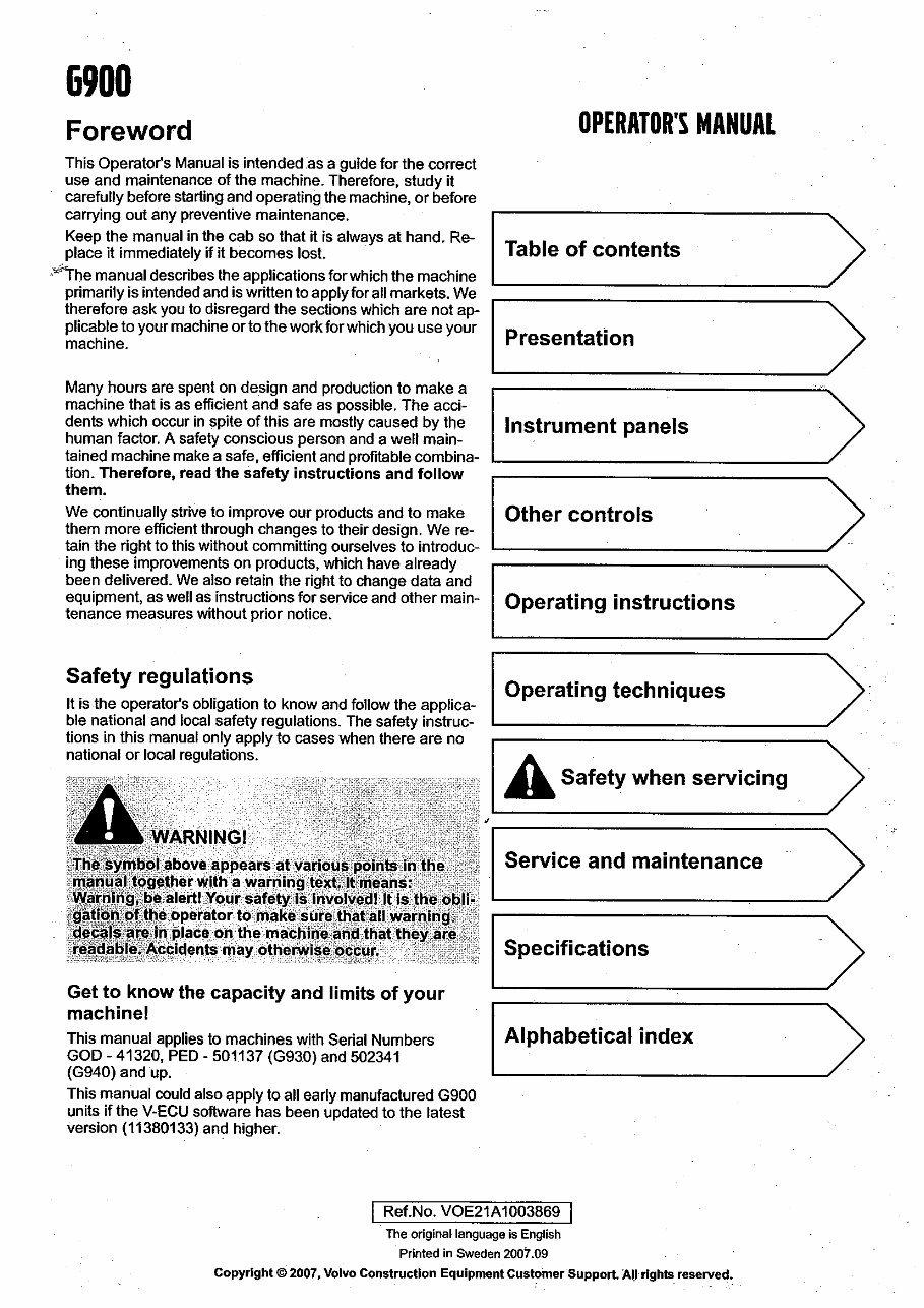 Volvo G900 series grader operators manual preview img 3